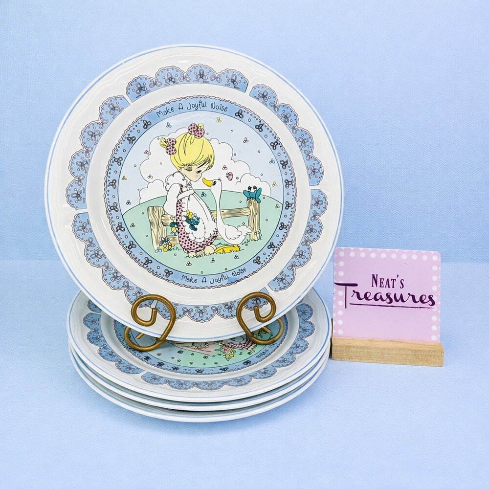 1992 Precious Moments MAKE A JOYFUL NOISE Girl Duck Ceramic Dinner Plates Set 4